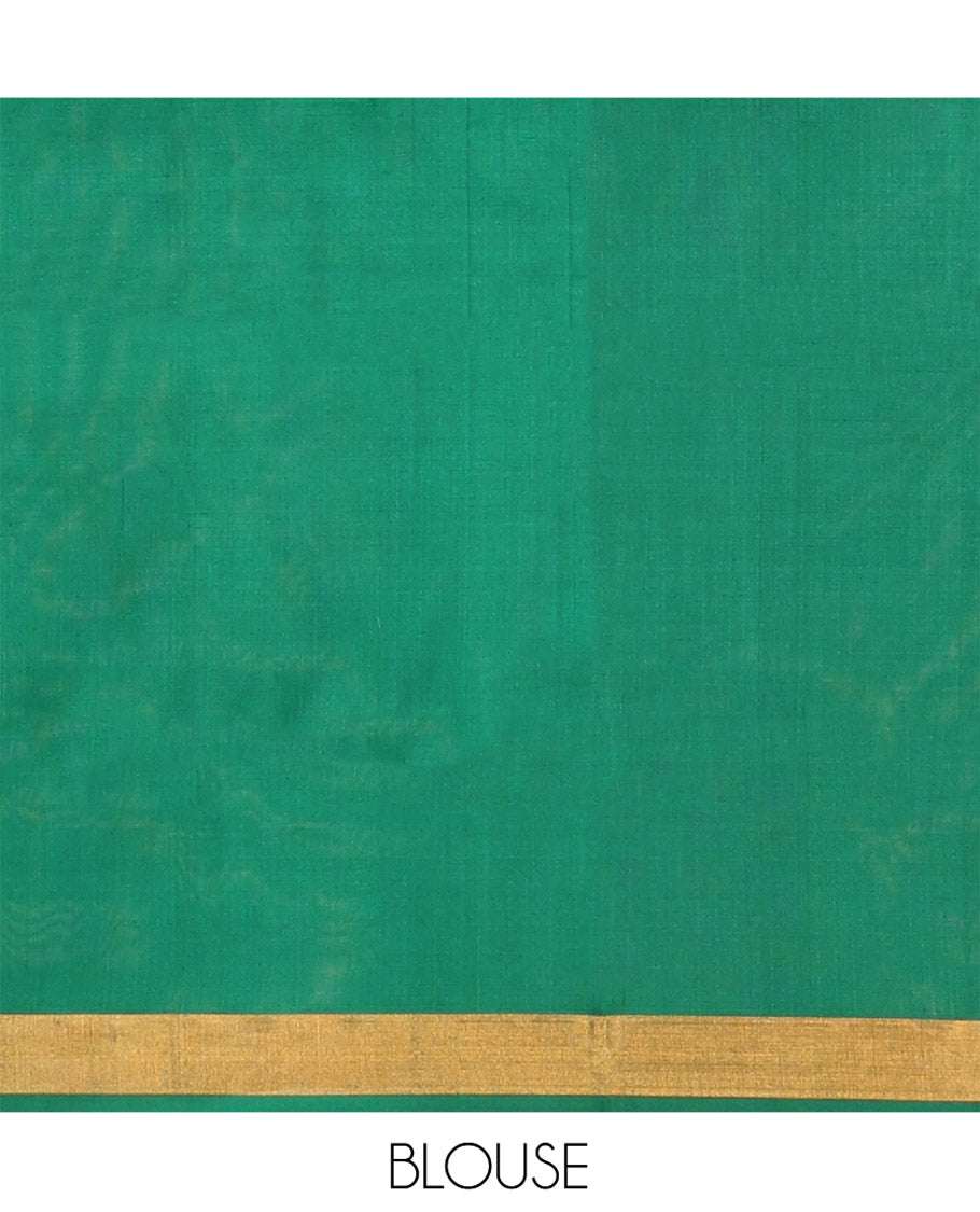 Green Uppada Silk Saree Entralled with Paisley Zari Buttas, Complemented by Bavanji Border, Pallu Depicting Zari Buttas, and Paired with a Matching Blouse