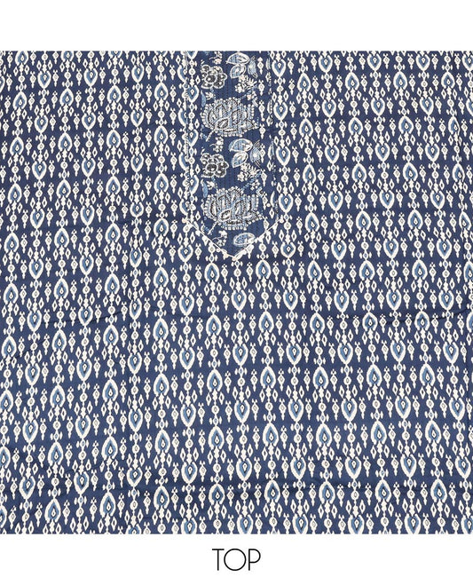 Blue Material Chudidar Set, Elevated with Intricate Designs and Thread Work Cotton Top, a Floral Printed Cotton Bottom, and Paired with an Intricately Printed Cotton Dupatta