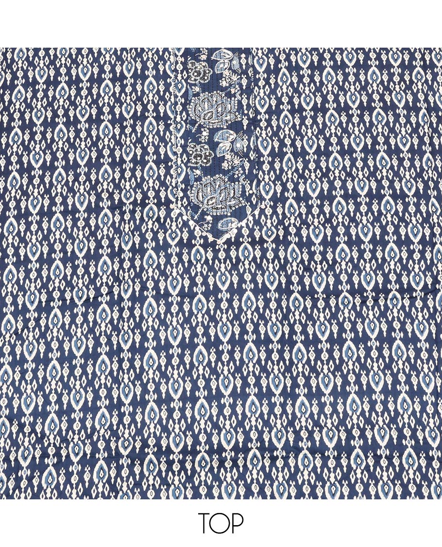 Blue Material Chudidar Set, Elevated with Intricate Designs and Thread Work Cotton Top, a Floral Printed Cotton Bottom, and Paired with an Intricately Printed Cotton Dupatta