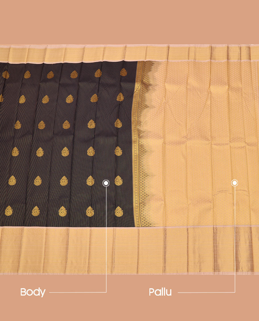Black Budget Silk Saree, Detailed with Zari Stripes and Paisley Buttas All Over Its Body, Complemented by a Contrast Traditional Zari Design Border, Grand Pallu of Jaal Designs, and Paired with a Contrast Blouse