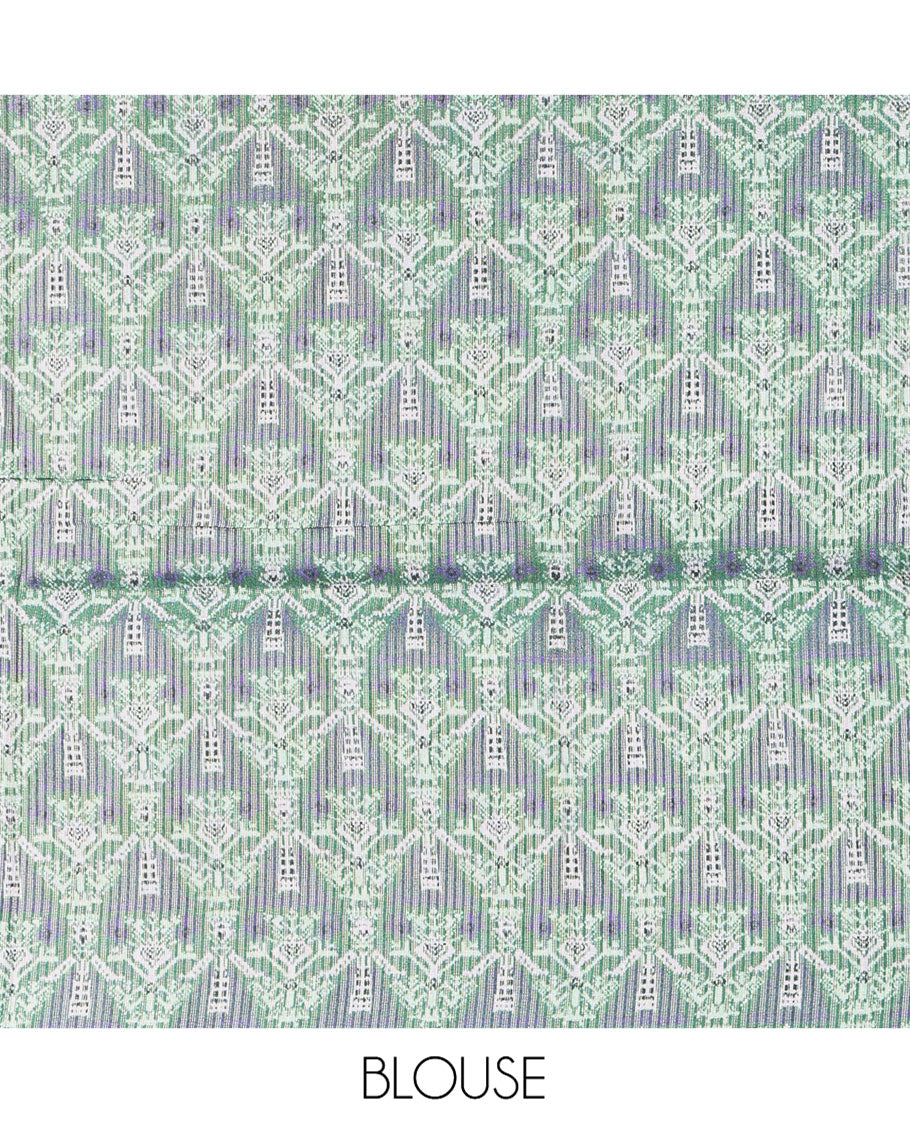 Blue Fancy Tussar Saree, Highlighted by Vertical Zari Stripes Across Its Body, Complemented by Captivating Contrast Geometric Patterned Border, Subtle Pallu and Paired with a Contrast Blouse