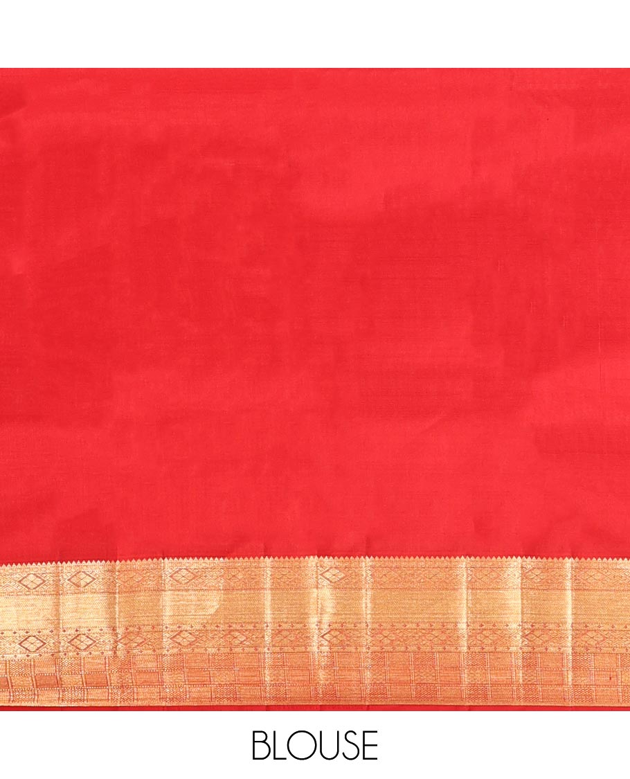 Red Kanchipuram Wedding Silk Saree, Enriched with Jacquard Designs on Its Body, Highlighted by Zari Border of Rekku, Diamond, and Mayil Kann Designs, Pallu of Intricate Designs, and Paired with a Matching Blouse