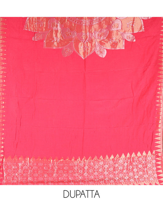 Pink Semi-Silk Material Churidar Features Zari Buttas Top, a Plain Bottom, and a Floral Motif Zari Woven Dupatta