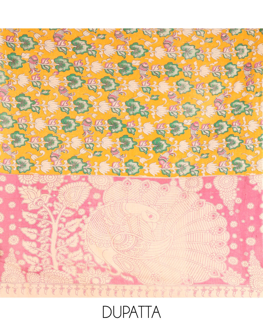 Chikku-Magenta Cotton Material Chudidar, Kalamkari Print Skirt, Contrast Bottom, Kalamkari Print Dhavani