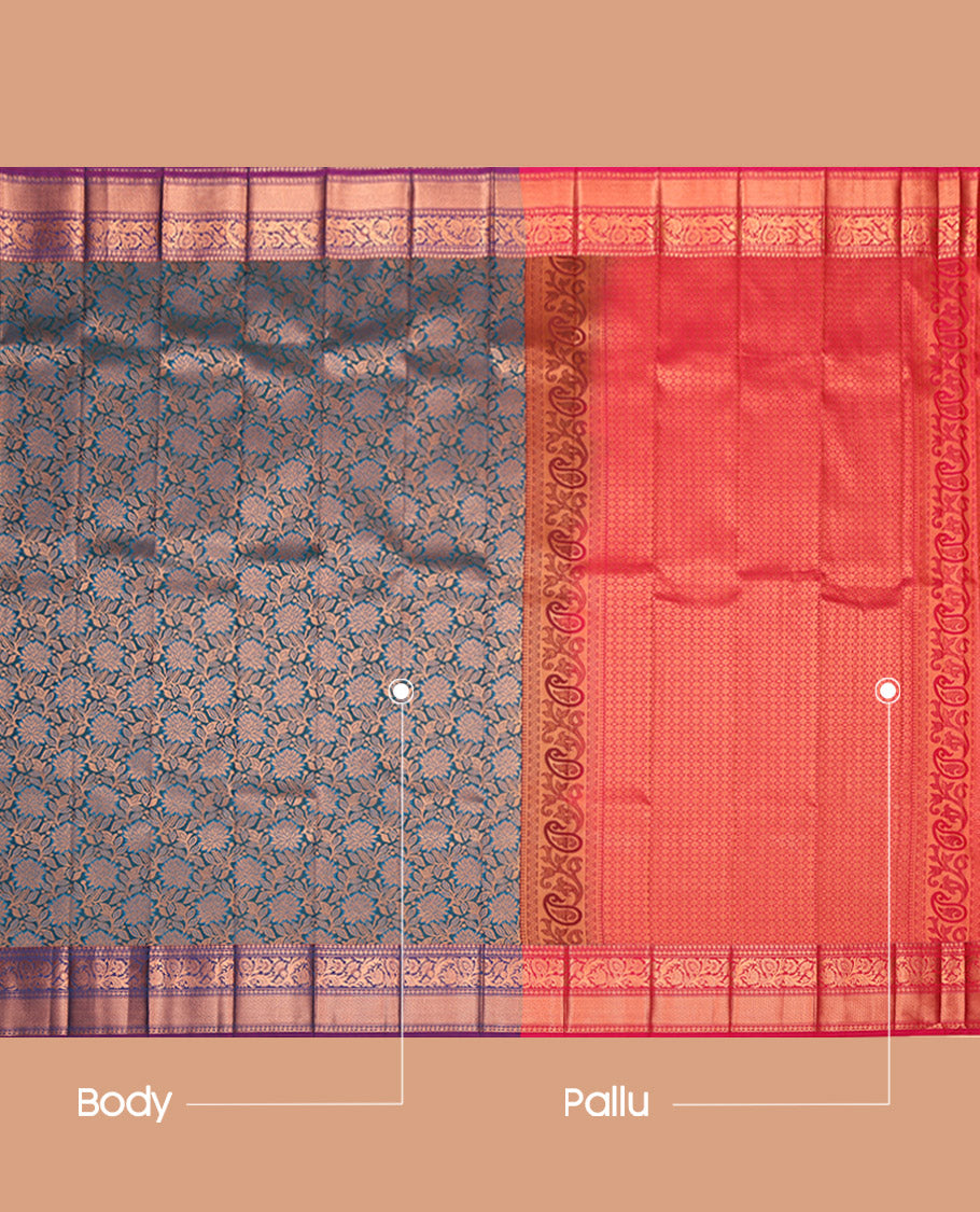 Blue Budget Silk Saree, Accentuated with Jacquard, Complemented by a Contrast Traditional Zari Border, Grand Pallu, and a Contrast Blouse