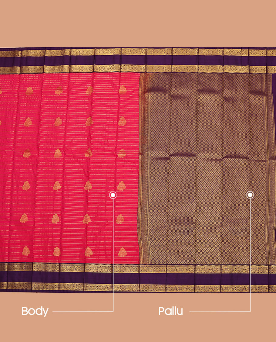 Rani Pink Budget Silk Saree, Delicately Woven with Zari Buttas and Stripes All Over Its Body, Complemented by a Contrast Traditional Zari Design Rettai Pettu Border, Grand Jaal Pallu, and Paired with a Contrast Blouse