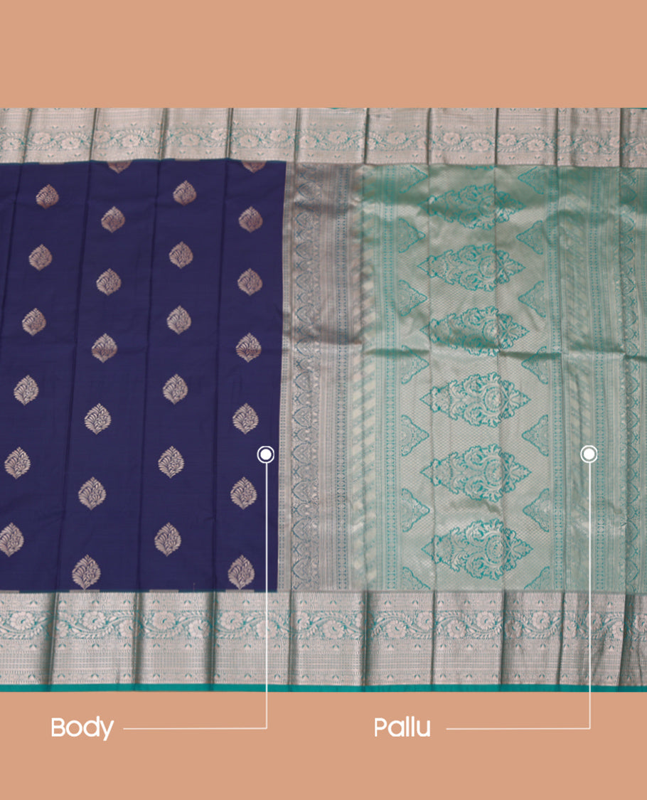 Blue Budget Silk Saree, Adorned with Zari Buttas, a Contrast Traditional Zari Border, Grand Pallu, and a Contrast Blouse