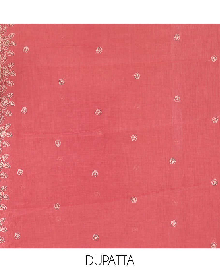 Onion Pink Mul Crush Chanderi Material Chudiddar, Floral Embroidered Top, Plain Bottom, Embroidered Dupatta