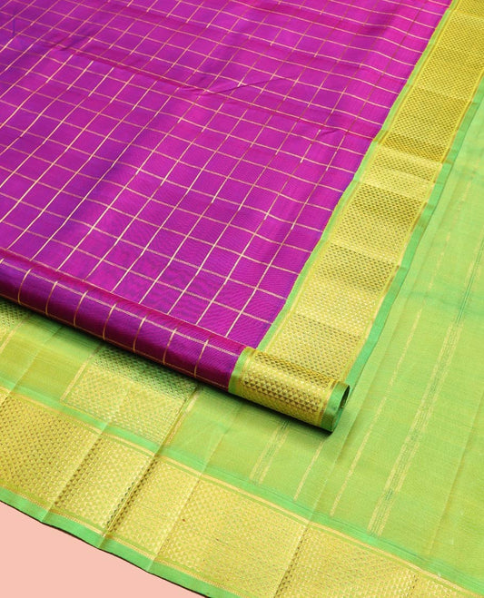 Purple Nine-Yard Silk Saree, Enriched with a Checked Zari Design, Complemented by Contrast Korvai Ara Maadam Border, Pallu of Ara Maadam Designs, and No Blouse