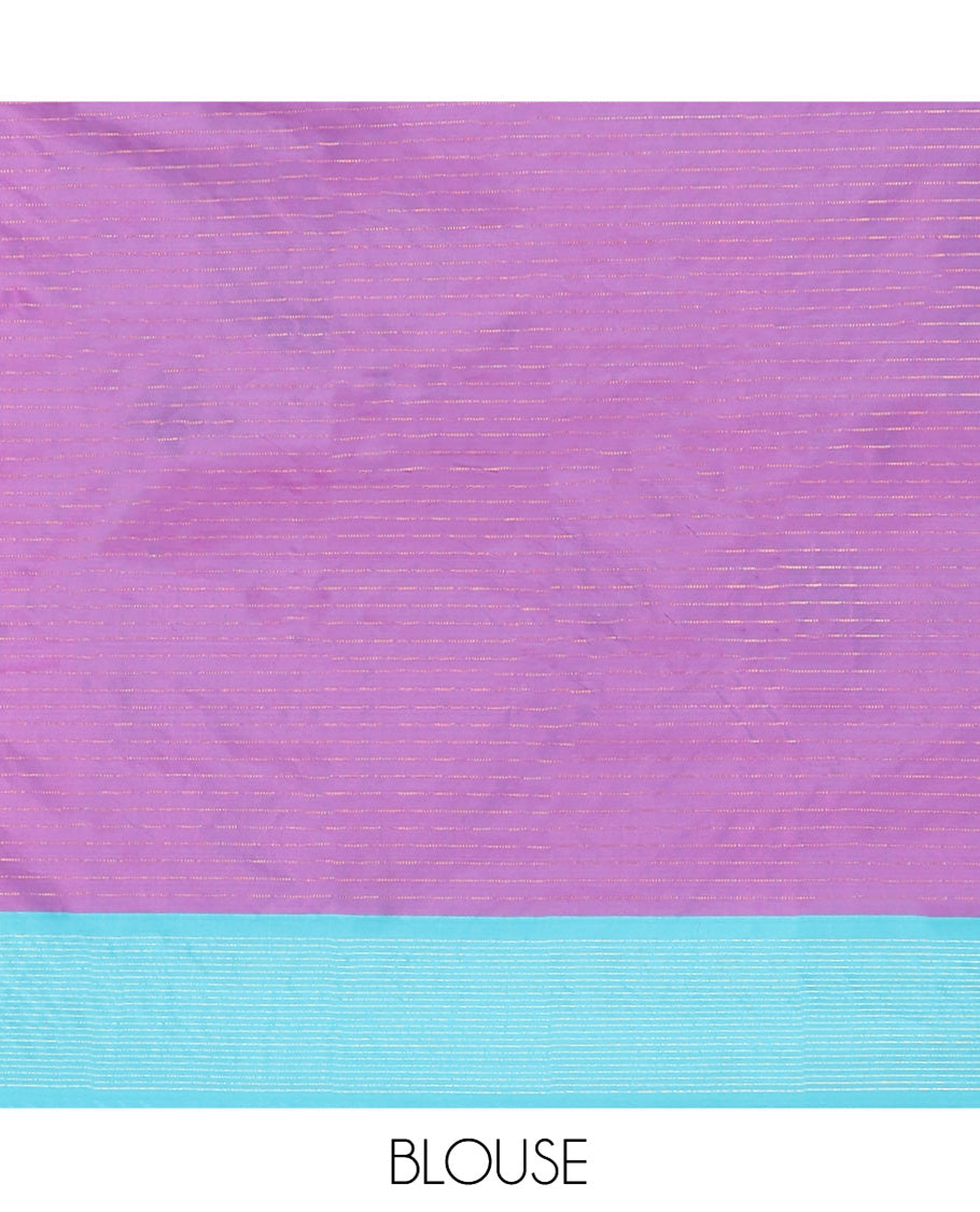Violet Aarani Gift Saree, Woven with Zari Buttas on Its Body, Complemented by a Contrast Border, Pallu of Stripes, and Paired with a Matching Blouse