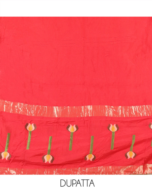Red Mul Chanderi Material Chudidar Features Jamdani-Floral Top, Plain Bottom, Jamdani-Floral Dupatta