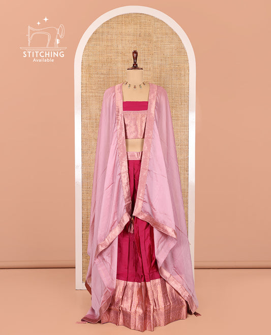 Rani Pink Semi-Banaras Half-Saree, Plain Contrast Intricate-Bordered Skirt, Matching Blouse, Contrast Dhavani