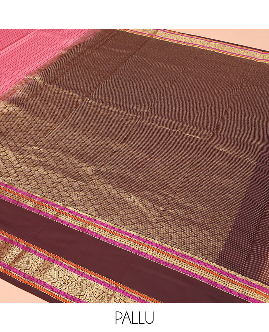 Pink Vasundhara Lite Silk Mix Saree, Decked Up with a Checked Design on Its Body, Complemented by a Contrast Rettai Pettu Border of Salngai, Poo Chakram, Muthu, Kathir, and Manga Designs, Pallu Steeped with Leaf Motifs, and Paired with a Contrast Blouse