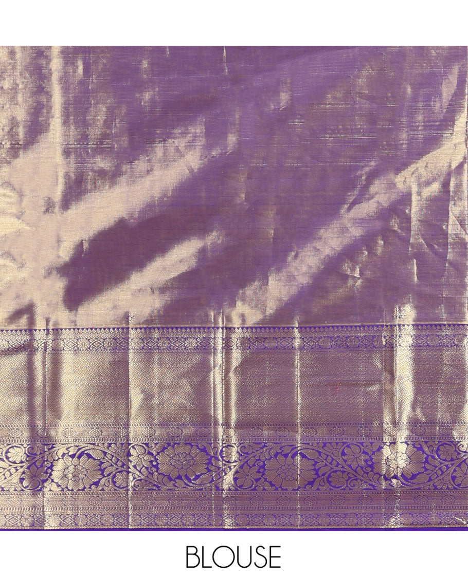 Blue Kanchipuram Tissue Silk Saree, Beautifully Bedecked with Floral Jacquard Designs on Its Body,  Complemented by a Contrast Border of Thilakam, Kamalam, Diamond, and Kodi Visiry Designs, Intricately Designed Pallu, and Paired with Matching Blouse