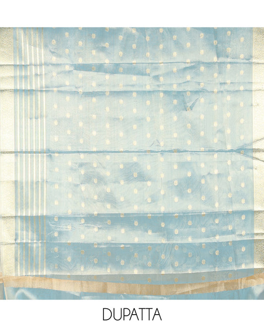 Chikku-Sea Blue Shimmer Tissue Material Churidar, Elevated with Bead Neck Embroidered Top, a Contrast Bottom, and a Sparsely Woven Dupatta