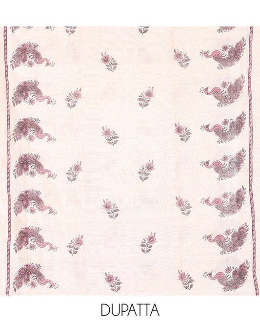 Purple Material Chudidhar Set, Adorned with Ikkat Weave and Neck Peacock Patchwork Handloom Cotton Top, Cotton Plain Bottom, and Contrast Chanderi Silk Peacock Printed Dupatta