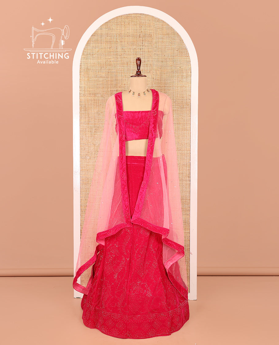 Pink Velvet Half-Saree Features Swarovski Stonework Skirt, Matching Stonework Blouse, Contrast Net Dhavani