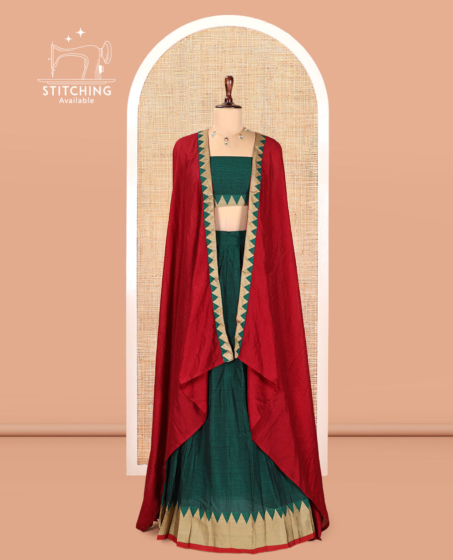 Green Mercerised Cotton Half-Saree, Plain Skirt, a Temple Border, a Matching Blouse, Contrast  Dhavani