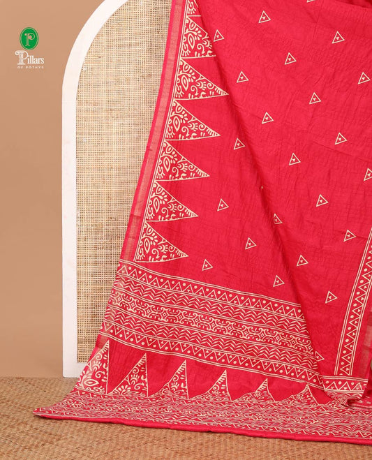 Rani pink batik-style triangle motifs printed dola silk saree, batik temple motif printed piping zari border & batik geometric printed pallu