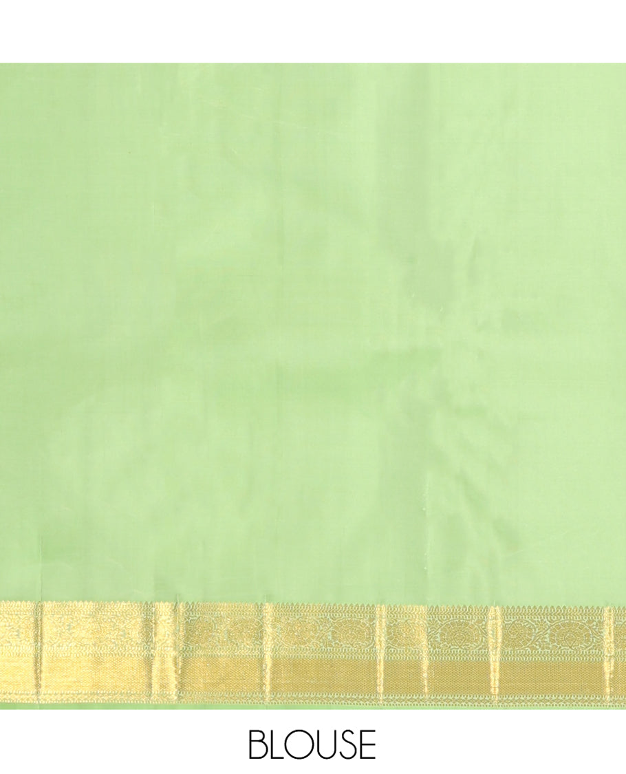 Green Embossed Parambara Silk Saree, Adorned with Zari Border of Rekku, Muthu, Kathir, Kuyil Kann, and Kodi Visiry Designs, Pallu of Mayil Kann, and Matching Blouse