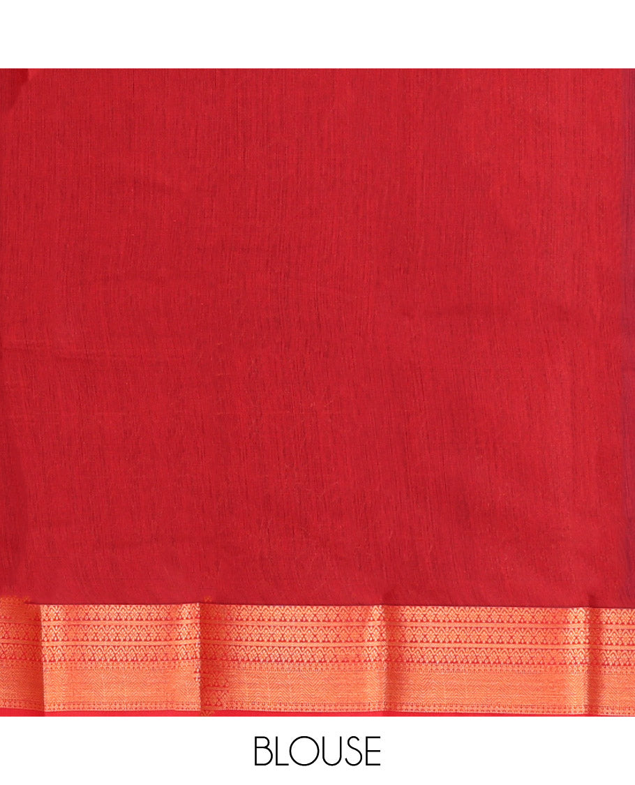 Royal Blue Semi-Silk Cotton Saree, Adorned with Zari Buttas All Over Its Body, Complemented by a Contrast Traditional Zari Design Border, Pallu of Star Design, and Paired with a Contrast Blouse