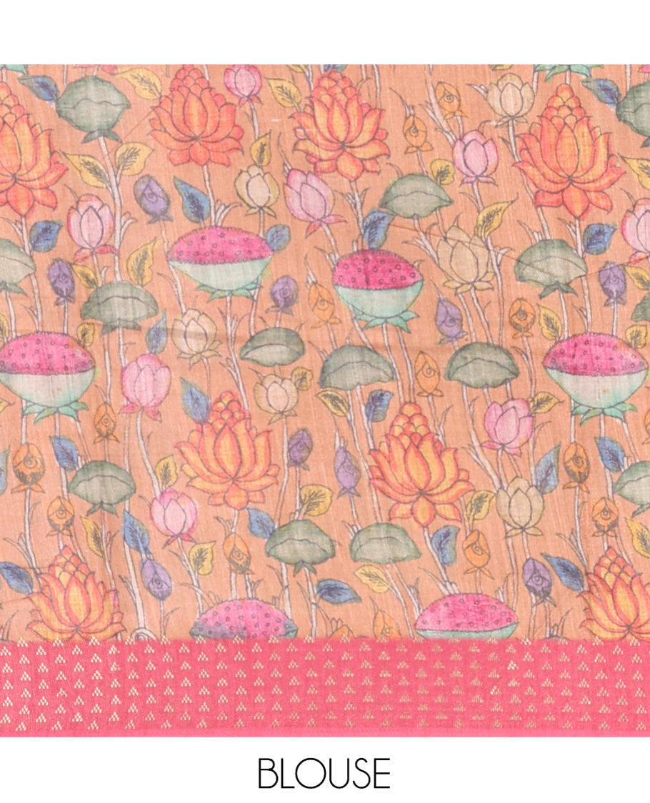 Blue Plain Fancy Tussar Saree, Complemented by a Contrast Triangle Motif Border, Kalamkari Flora-Fauna Printed Pallu, and a Contrast Blouse