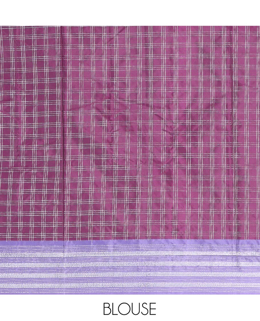 Purple Aarani Silk Saree, Woven with Checked Design on Its Body, Complemented by a Contrast Striped Border, Pallu of Checked Design, and Paired with a Matching Blouse
