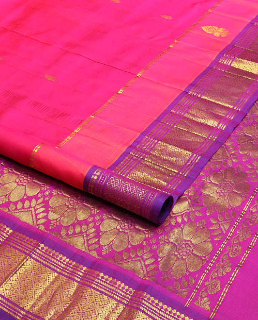Pink buttas kancheepuram silk saree with contrast border of thilakam mokku, banaras, checked design & floral design pallu