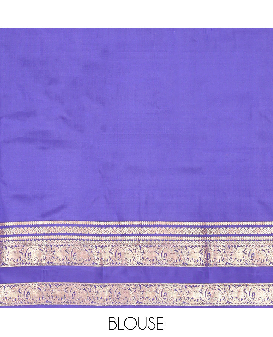 Orange Vasundhara Silk Saree, Adorned with Zari Buttas, Contrast Rettai Pettu Border of Yaanai, and Kuthirai Designs, Grand Pallu, and a Contrast Blouse