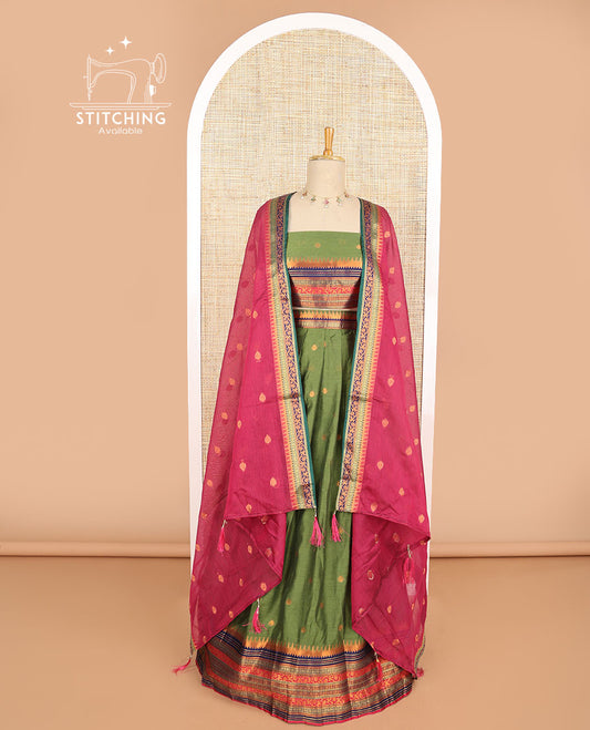 Dark green floral buttas art silk half saree with contrast zari design border, zari design blouse & floral design dhavani