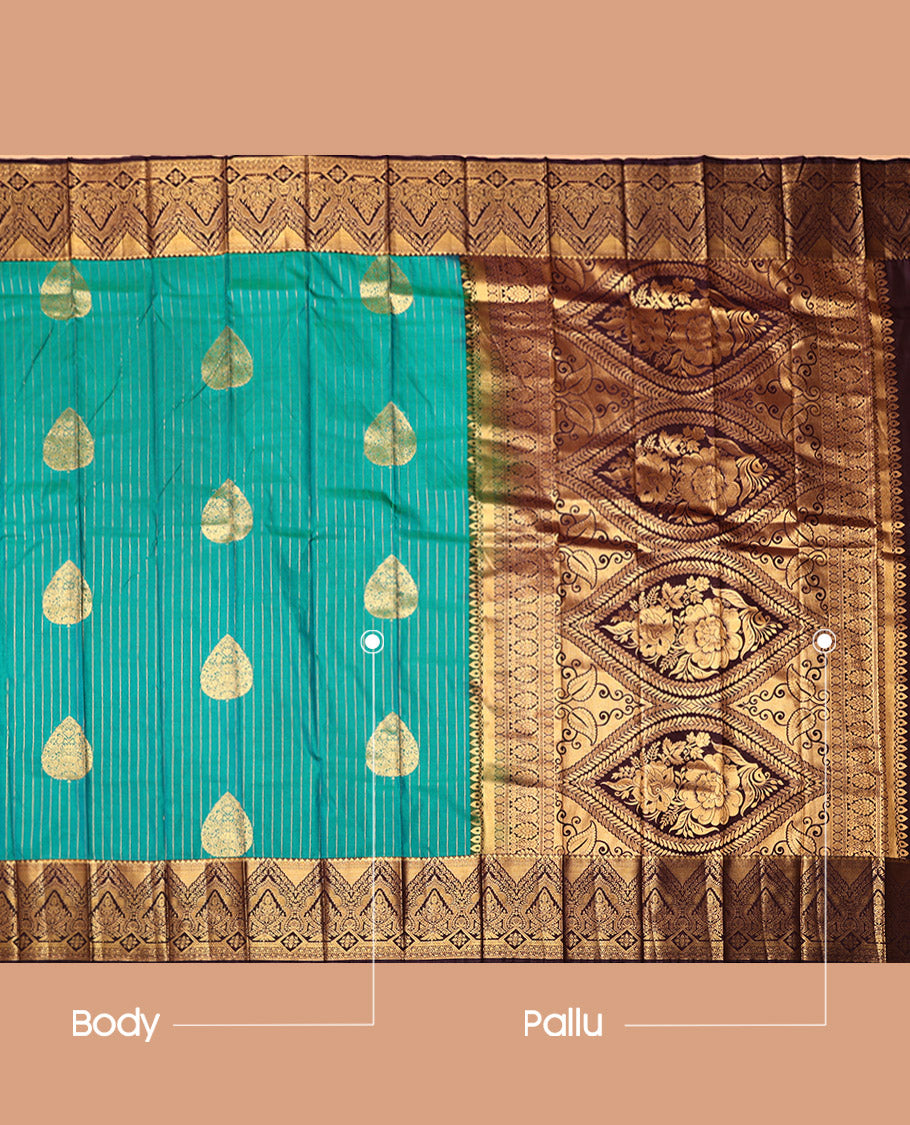 Blue Budget Silk Saree, Adorned with Zari Buttas and Stripes, Complemented by a Contrast Traditional Zari Border, Intricate Pallu, and a Contrast Blouse