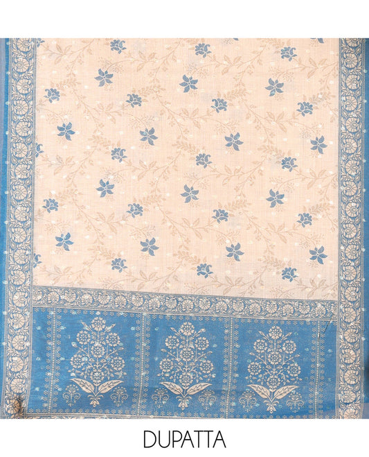Rama Blue Chanderi Tissue Material Chudiddar, Buttas Neckwork Top, Plain Bottom, Contrast Floral Dupatta