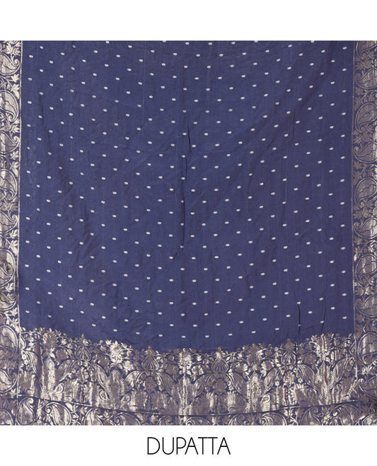 Blue Mul Chanderi Material Chudidar Set, Subtly Printed with Bandhani-Style Printed Top, a Plain Santoon Bottom, and Paired with a Matching Mul Chanderi Bandhani-Dotted and Zari-Woven Dupatta