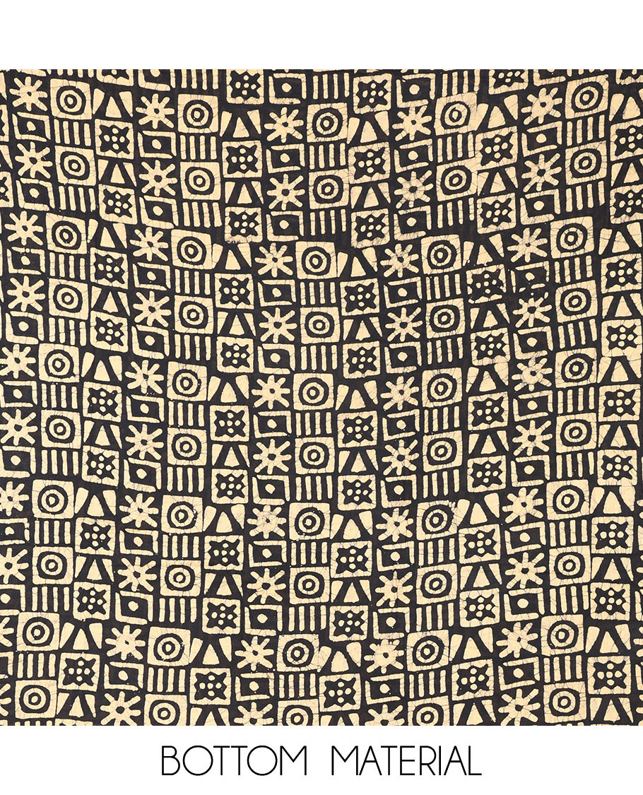Mustard Material Chudidar Set Beautified with Kantha Embroidery, Batik Print, and Mirror Work on the Cotton Top, Comes with a Batik Geometric Patterns Printed Bottom, and a Cotton Batik Geometric Printed Dupatta