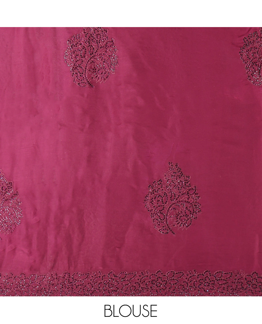 Maroon Designer Saree, Finely Crafted with Floral Stone Patchwork, a Scallop Stonework Border, and a Matching Blouse