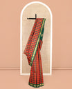 Multi-Color Kanchipuram Silk Saree, Enthralled with Palum Pazhamum Checks, Complemented by a Contrast One-Sided Korvai Border of Banaras and Jaal Designs, Grand Pallu, and No Blouse