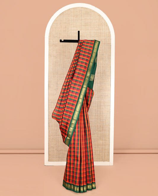 Multi-Color Kanchipuram Silk Saree, Enthralled with Palum Pazhamum Checks, Complemented by a Contrast One-Sided Korvai Border of Banaras and Jaal Designs, Grand Pallu, and No Blouse