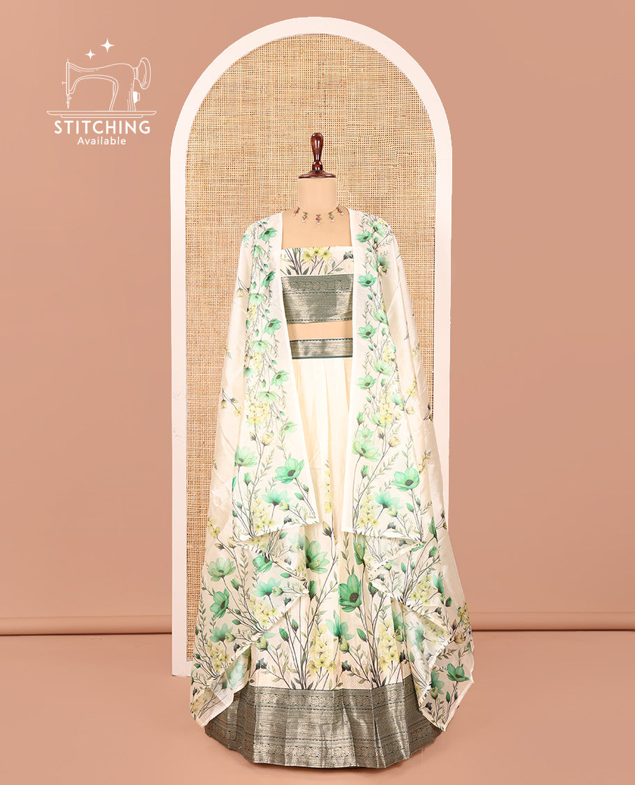Cream-Green Semi-Silk Half-Saree Features Floral Printed Skirt, Contrast Border, Matching Blouse, Floral Printed Dhavani
