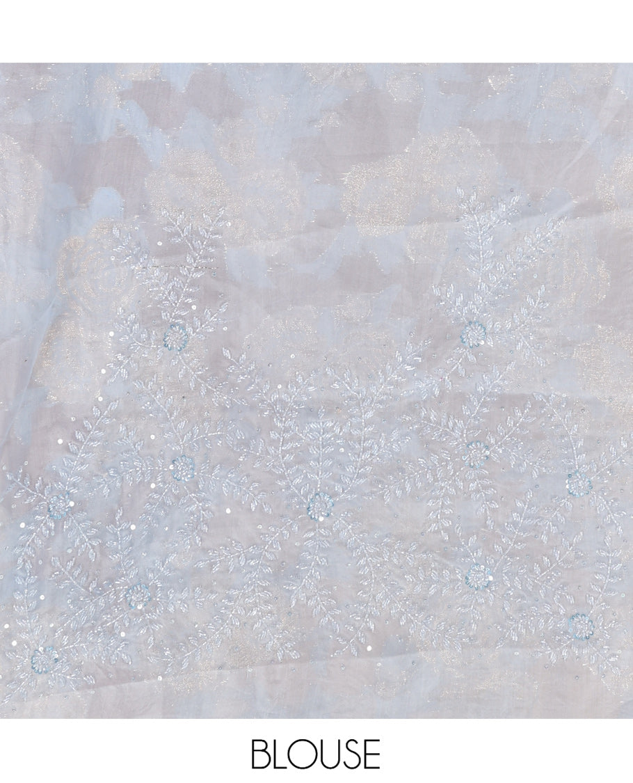 Sky Blue Turkey Organza Saree Features Floral Gold-Glitter work, Scallop Border, a Embroidered Blouse