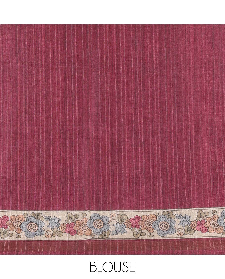 Maroon kalamkari human figurines printed fancy tussar saree, floral printed border, human figurines printed pallu, and a matching blouse
