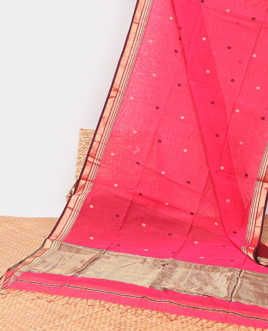 Red floral motifs maheshwari cotton saree with contrast zari design border & striped pallu