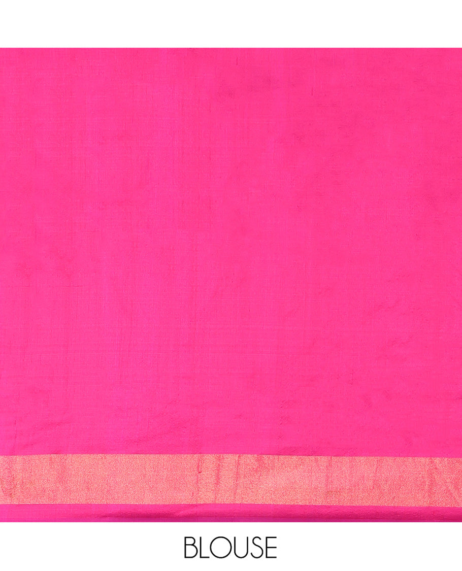 Grey Ikkat Silk Saree, Adorned with Temple Buttas All Over Its Body, Complemented by a Contrast Temple Border, Pallu of Butta Enclosed Jaal Designs, and Paired with a Contrast Blouse