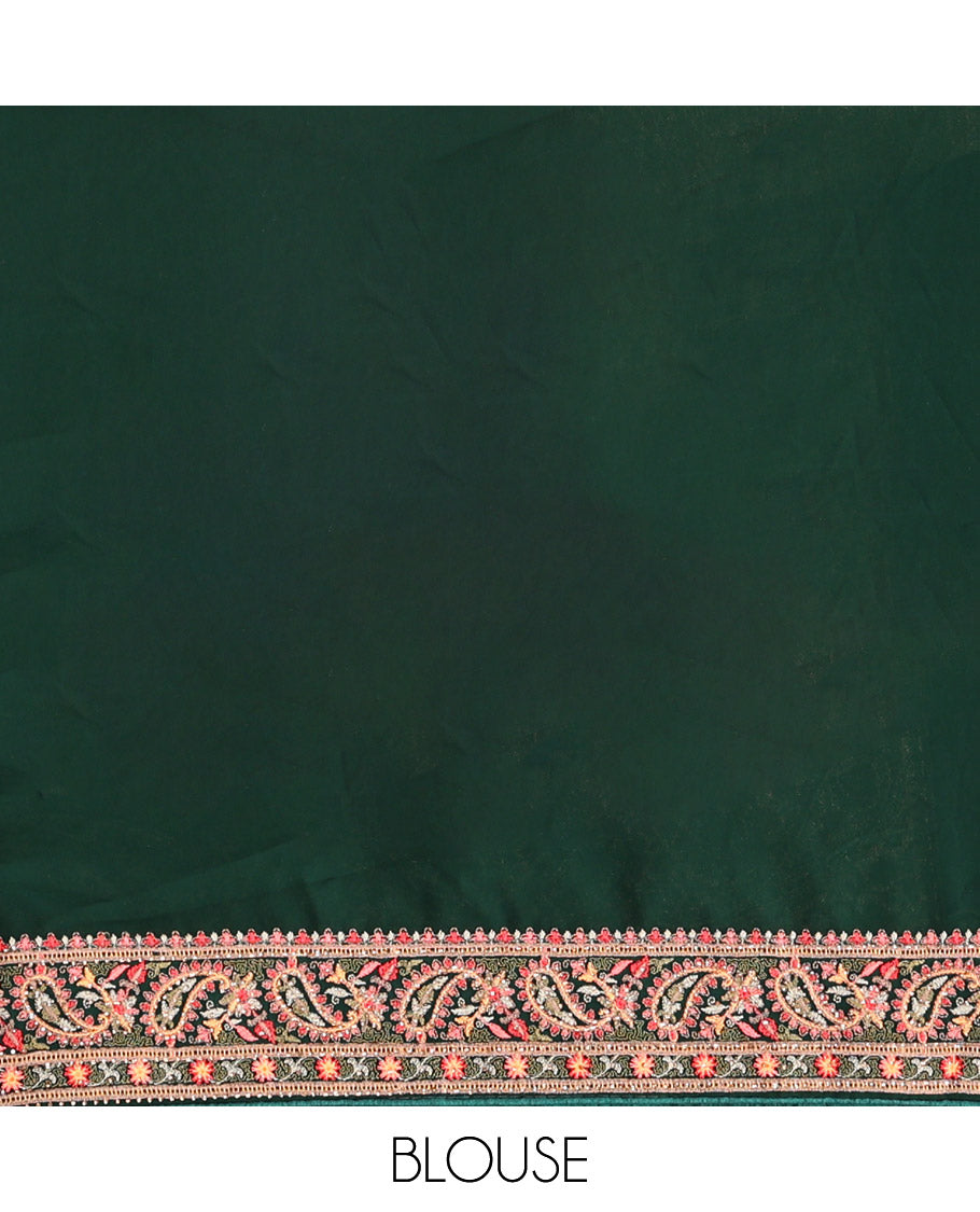 Green Designer Saree, Artfully Detailed with Paisley Embroidery, a Paisley Embroidered Border, and a Matching Blouse