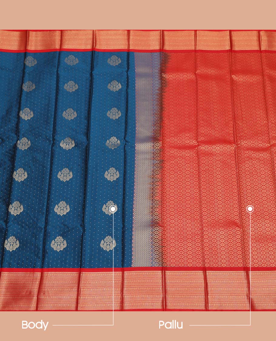 Blue Budget Silk Saree, Adorned with Zari Buttas All Over Its Body, Complemented by a Contrast Traditional Zari Design Border, Intricately Designed Pallu, and Paired with a Contrast Blouse