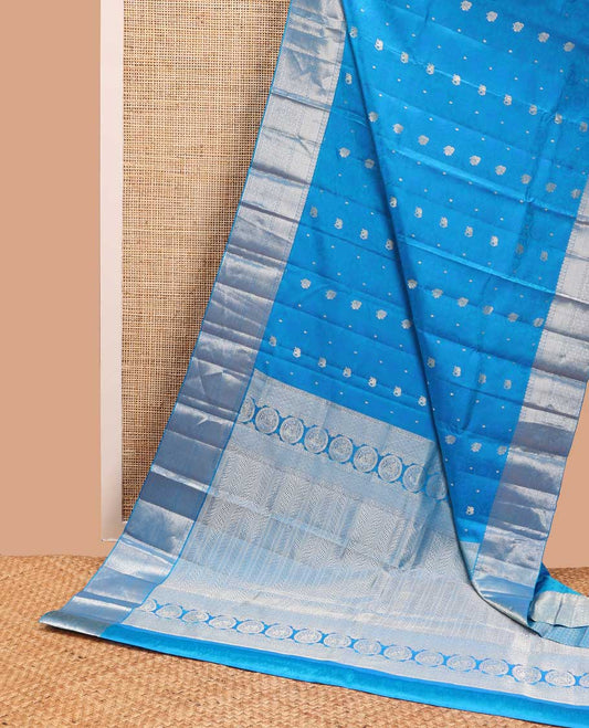 Light blue elephant, floral design kancheepuram silk saree with self intricate zari design border & floral design pallu