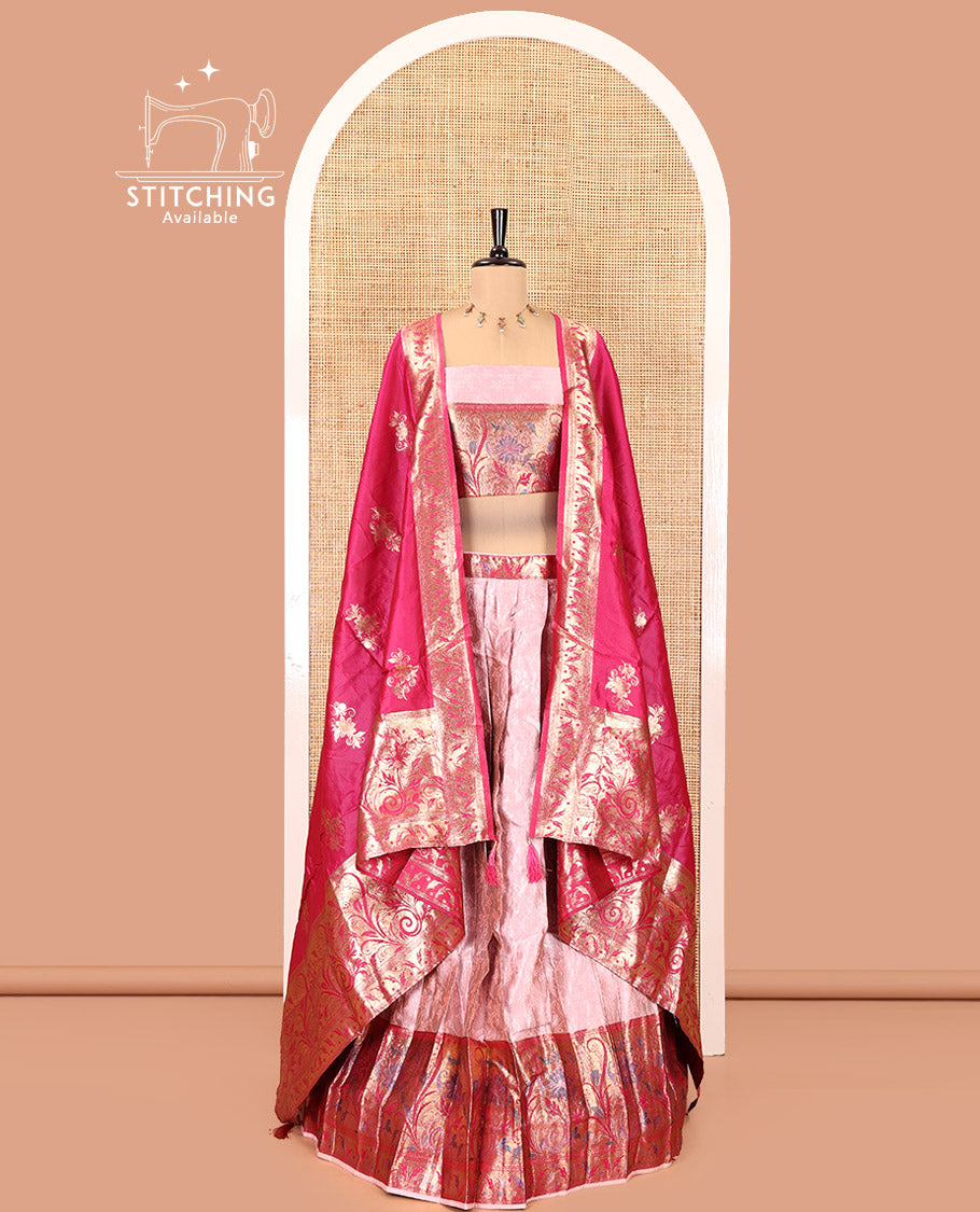 Onion Pink and Rani Pink Half-Saree Set, Subtly Sparkled with Floral Vine Design on Its Banarasi Skirt, Complemented by Contrast Meenakari Floral Design with Embroidered Border, Matching Blouse, and Paired with a Banaras Dupatta