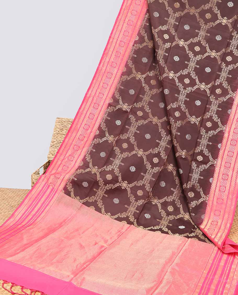 Brown ogee pattern soft silk saree with contrast geometric zari border & zari design pallu
