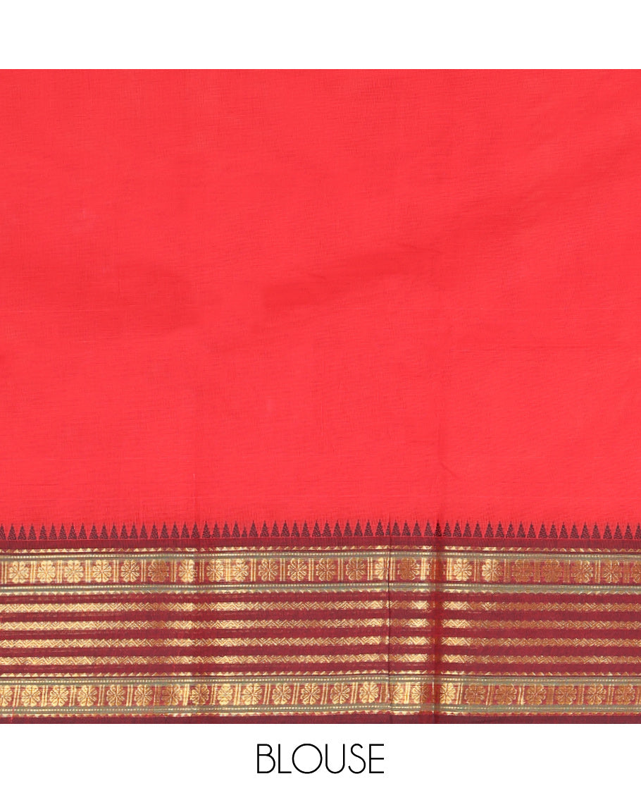 Red Plain Chettinad Cotton Saree, Complemented by a Contrast Traditional Zari Design Temple Border, Subtly Striped Pallu, and Paired with a Matching Blouse