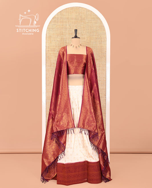 Cream-Wine Banarasi Softy Half-Saree Features Jacquard, Contrast Traditional Border, Jacquard Blouse, Intricate Dhavani