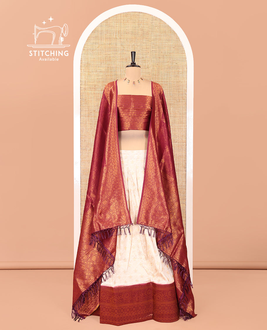 Cream-Wine Banarasi Softy Half-Saree Features Jacquard, Contrast Traditional Border, Jacquard Blouse, Intricate Dhavani